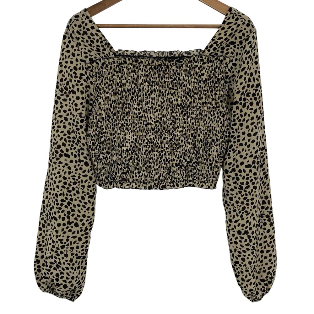 SHEIN Animal Print Smocked Body Balloon Sleeve Crop Top Size Large Square Neck